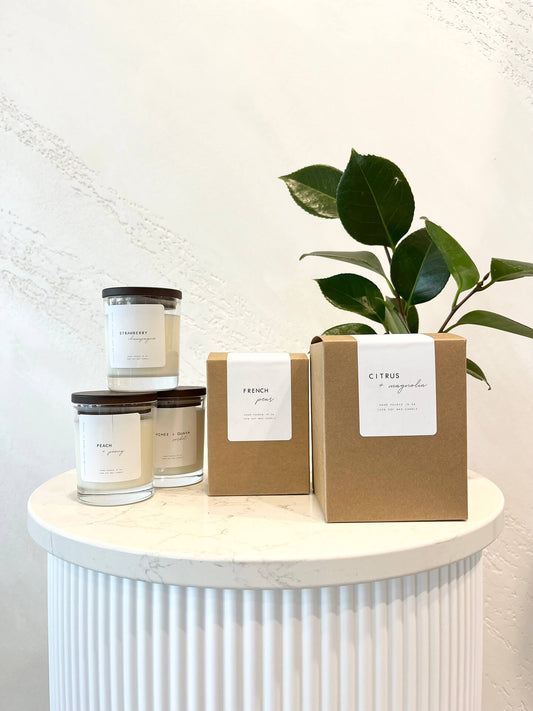 Beautiful Candles in three sizes small, medium and large. Medium and large are packaged in a kraft box.