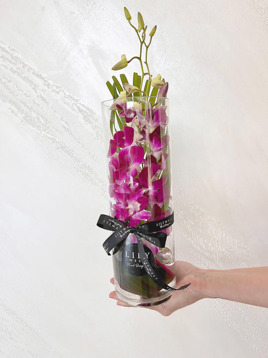 Singapore orchid stems arranged with tropical foliage in a glass vase. Elevate your home decor with the beauty of Singapore orchids. Our meticulously arranged stems, paired with tropical foliage, bring a touch of elegance and sophistication to any room.