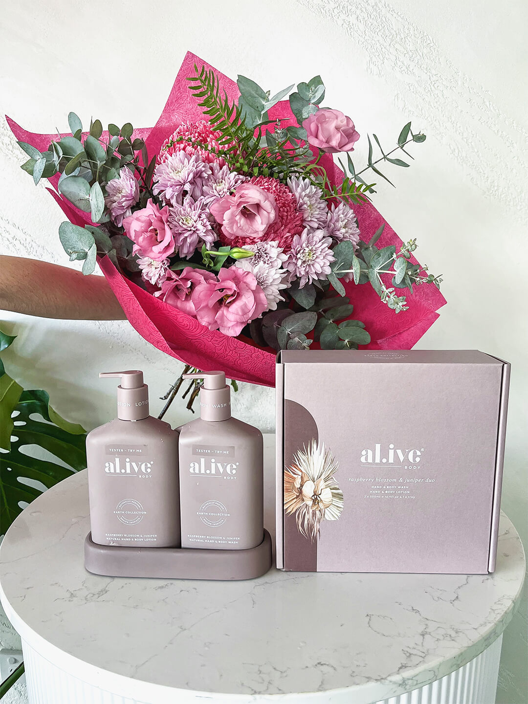 Raspberry Bundle - Raspberry Semaphore Bouquet and Alive Duo Raspberry Blossom & Juniper